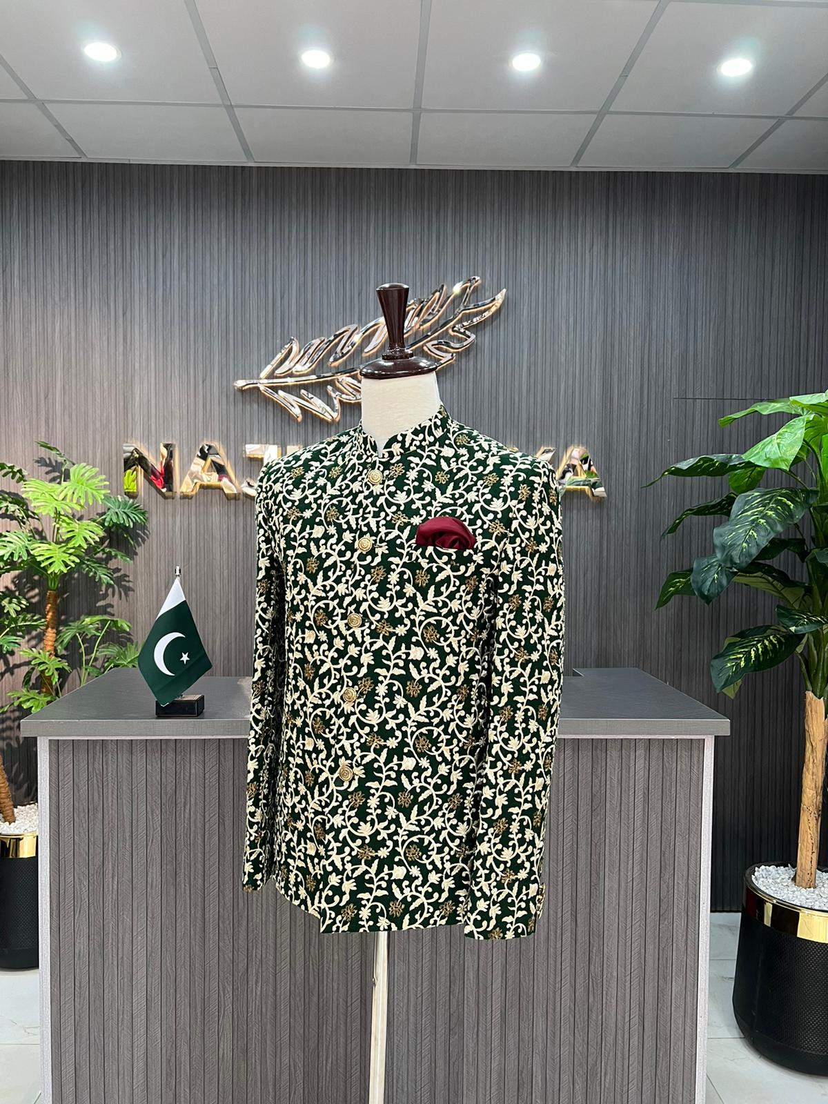 Green Embroidered Prince Coat For Men's