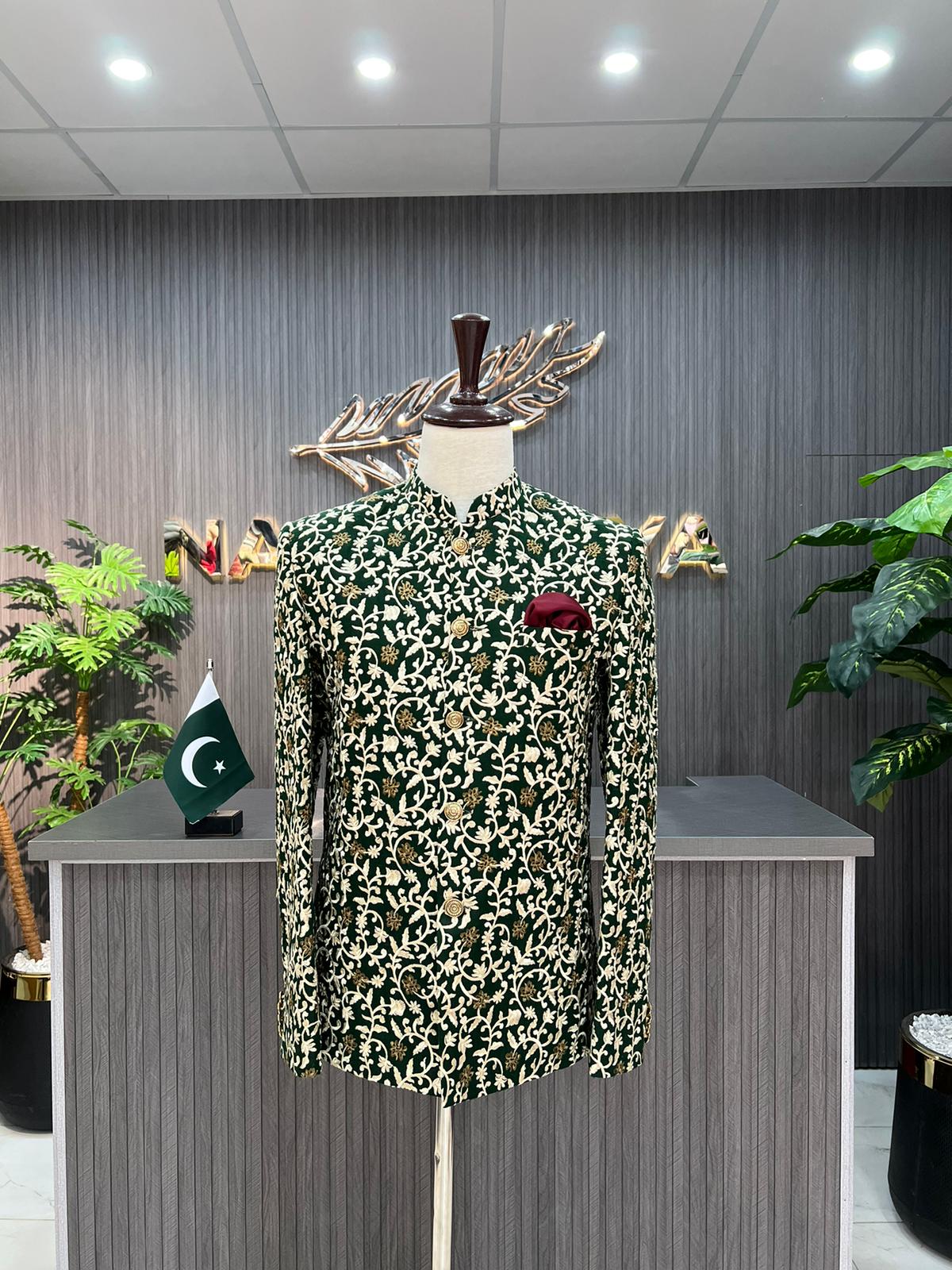 Green Embroidered Prince Coat For Men's Secondary image