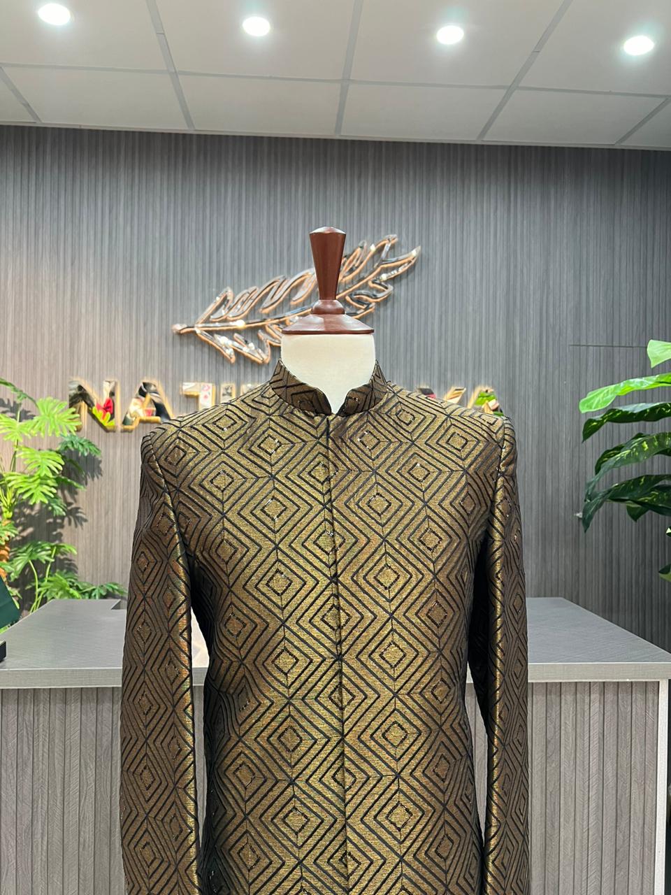 Copper Golden Embroidered Prince Coat For Men's Secondary image