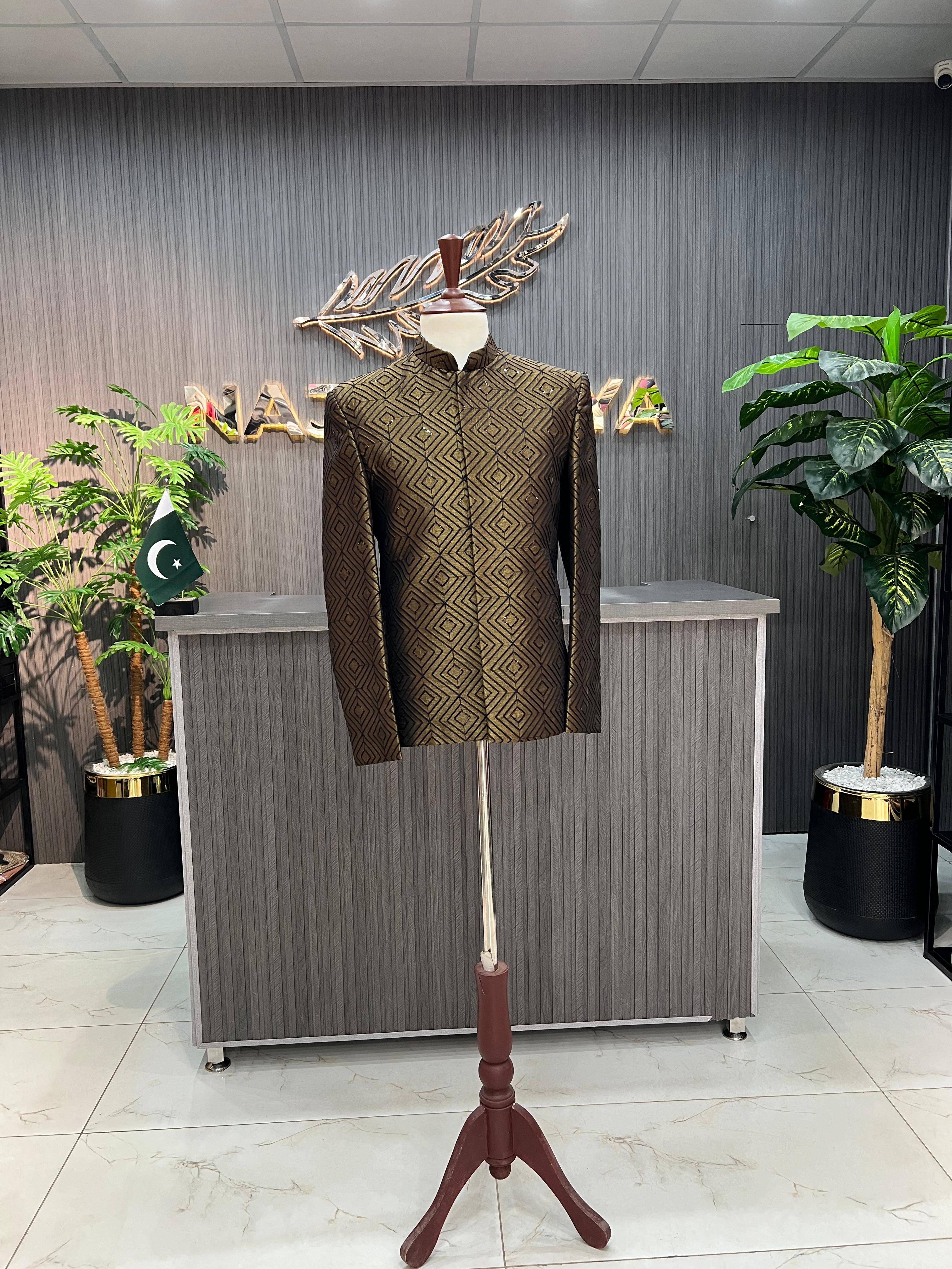 Copper Golden Embroidered Prince Coat For Men's Main image