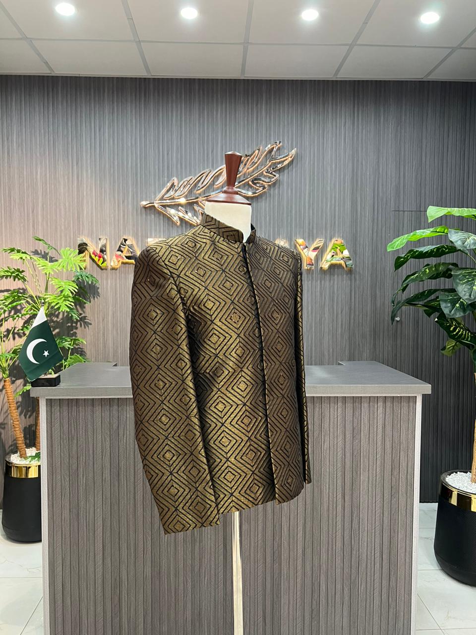 Copper Golden Embroidered Prince Coat For Men's