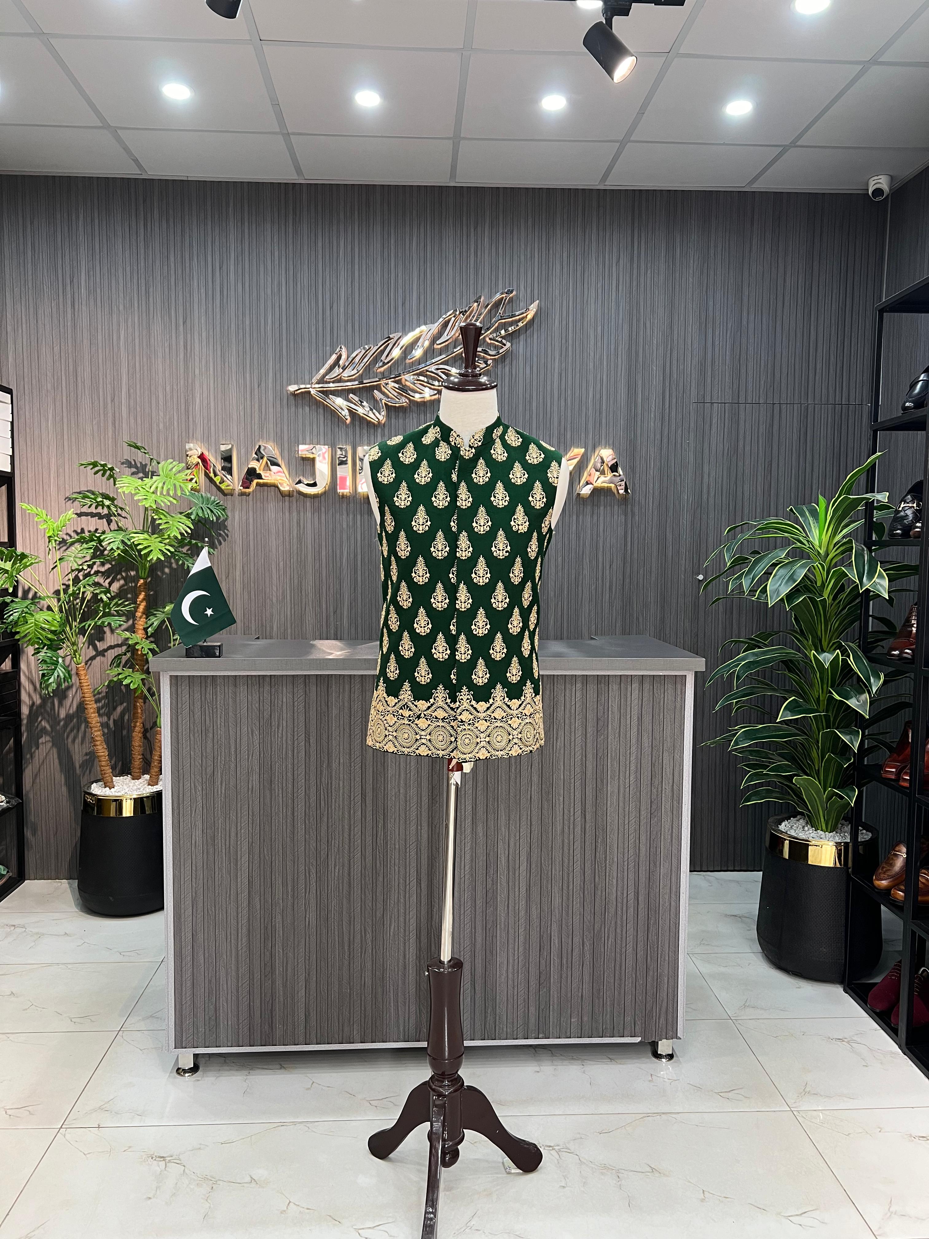 Green Golden Embroidery Waistcoat For Men's Main image