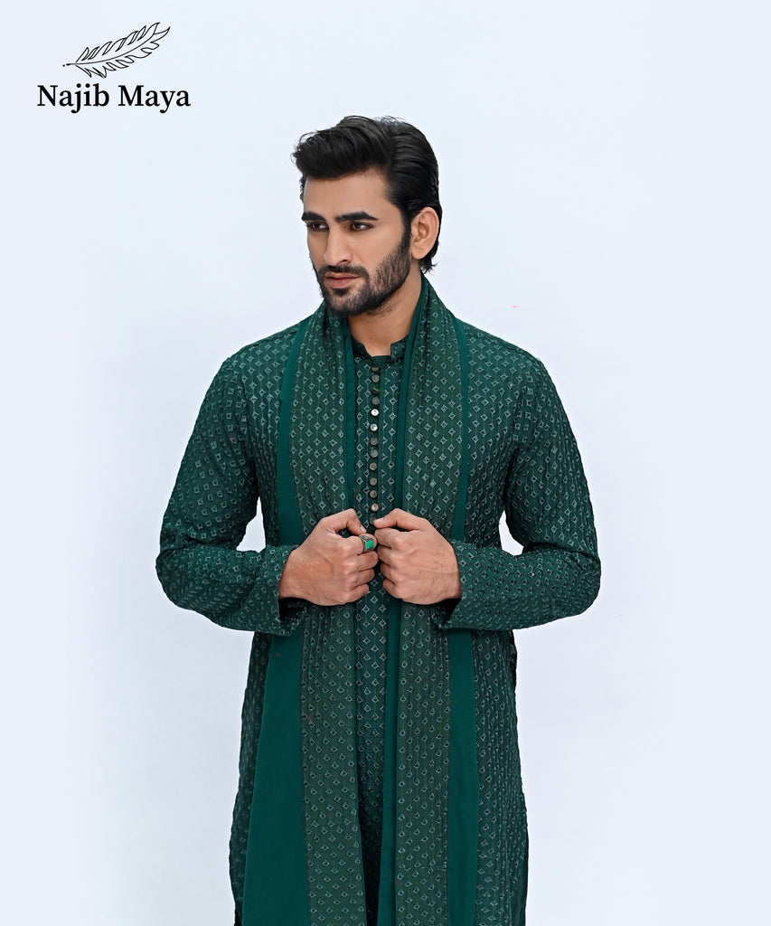 Green Embroidery Kurta Pajama + Shawl For Men's