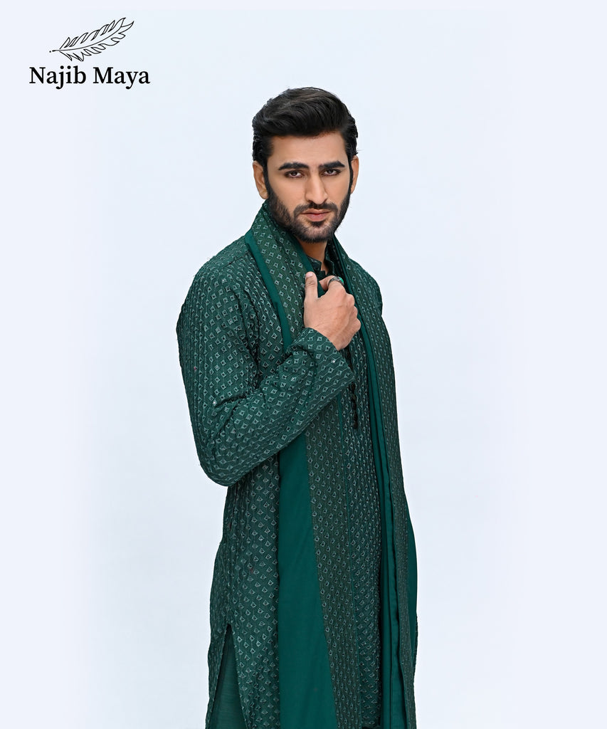 Green Embroidery Kurta Pajama + Shawl For Men's