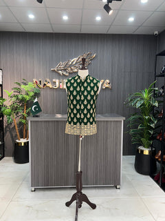 Green Golden Embroidery Waistcoat For Men's