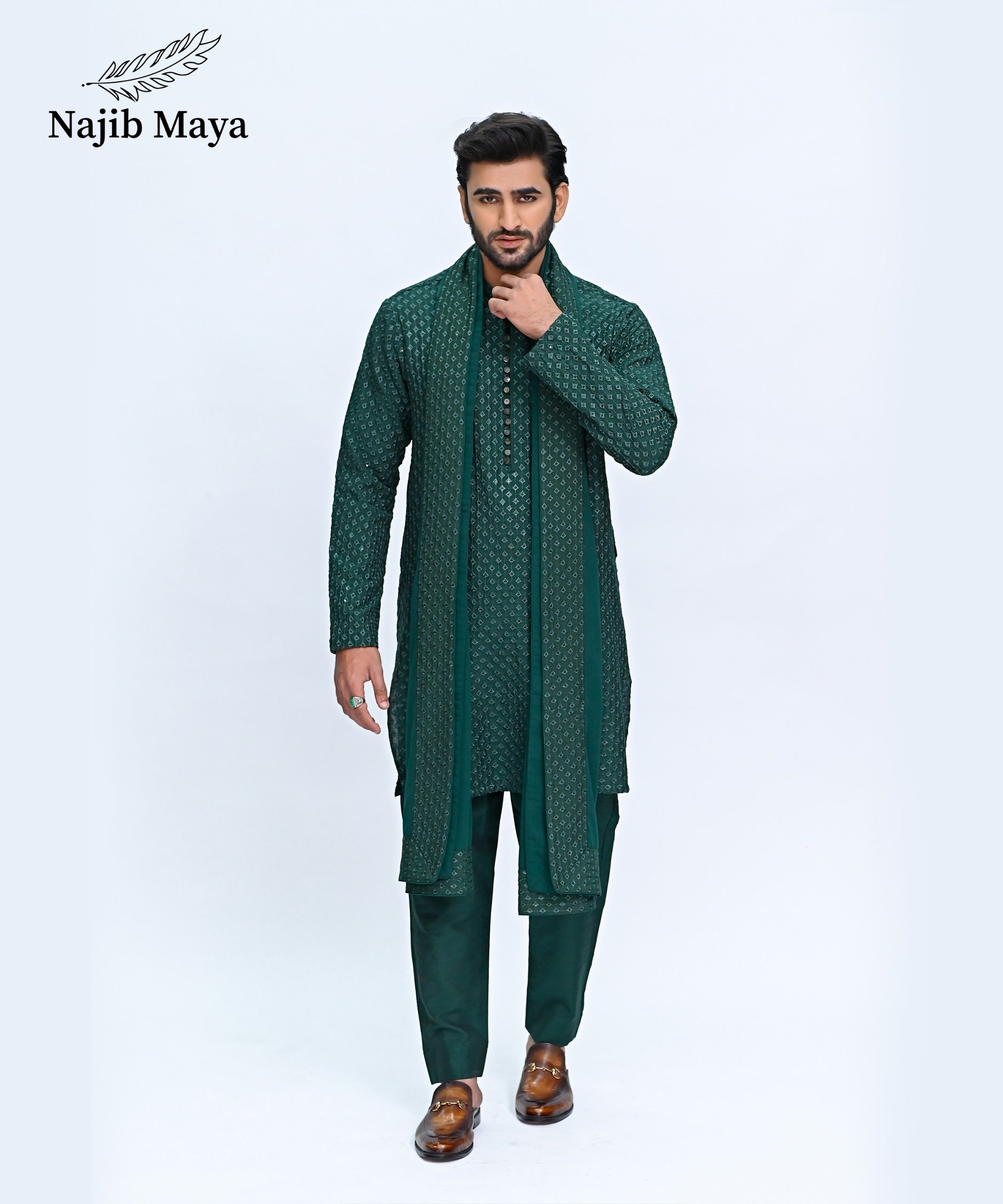 Green Embroidery Kurta Pajama + Shawl For Men's Main image
