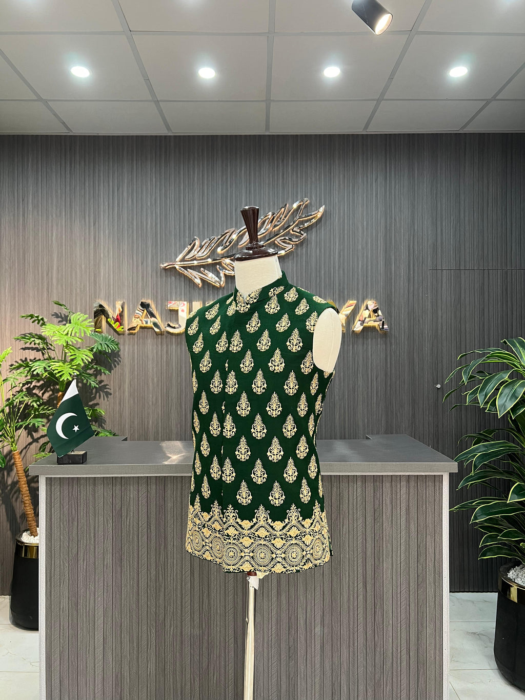 Green Golden Embroidery Waistcoat For Men's