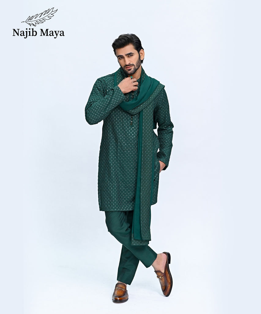 Green Embroidery Kurta Pajama + Shawl For Men's