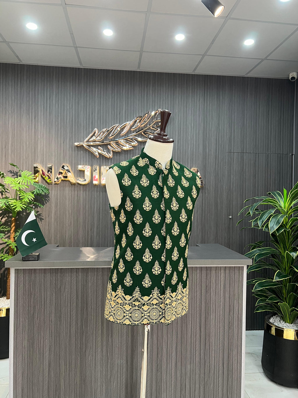Green Golden Embroidery Waistcoat For Men's