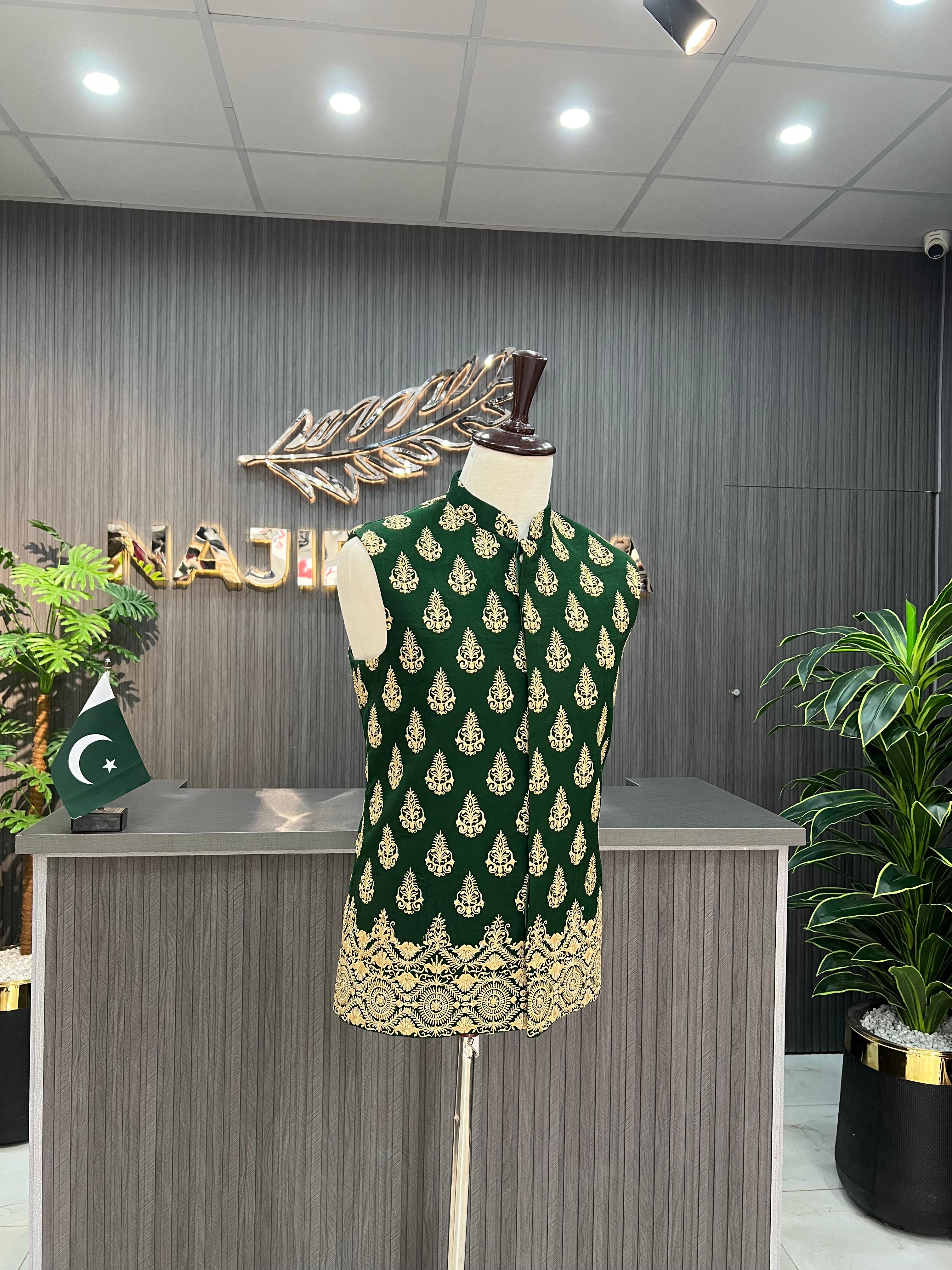 Green Golden Embroidery Waistcoat For Men's