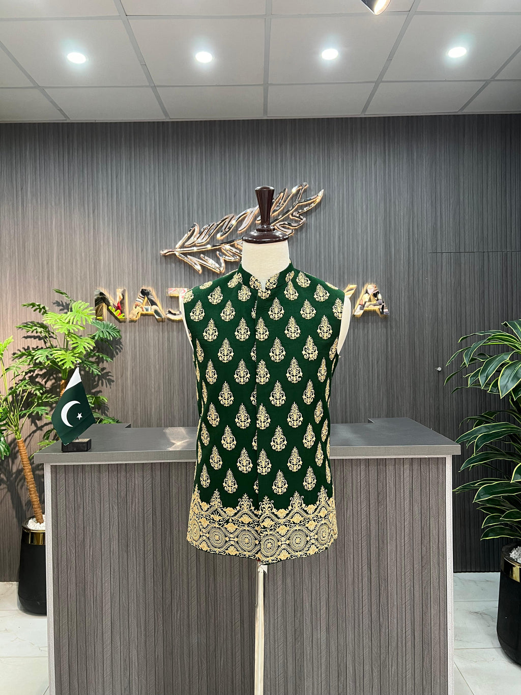 Green Golden Embroidery Waistcoat For Men's