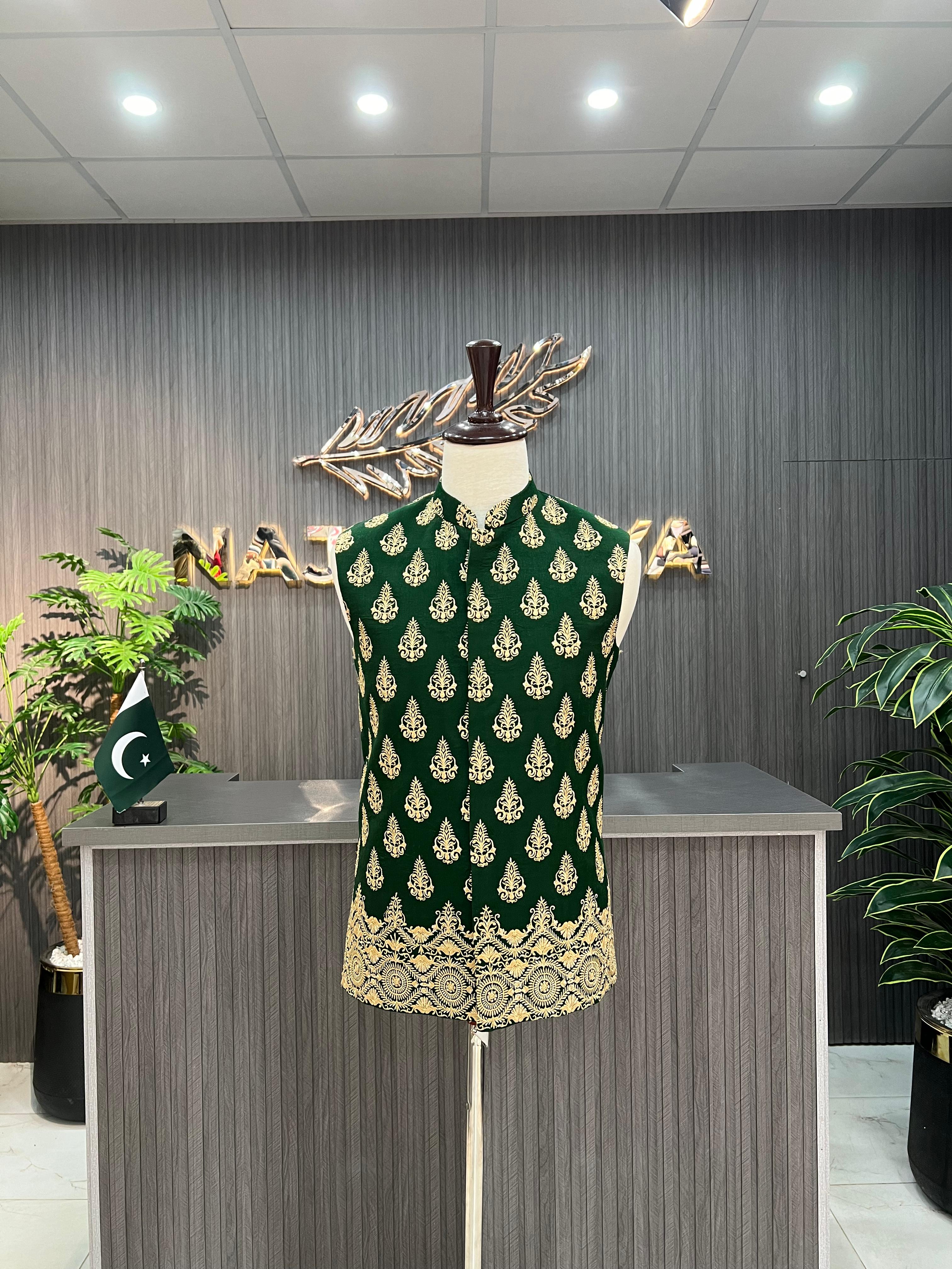 Green Golden Embroidery Waistcoat For Men's