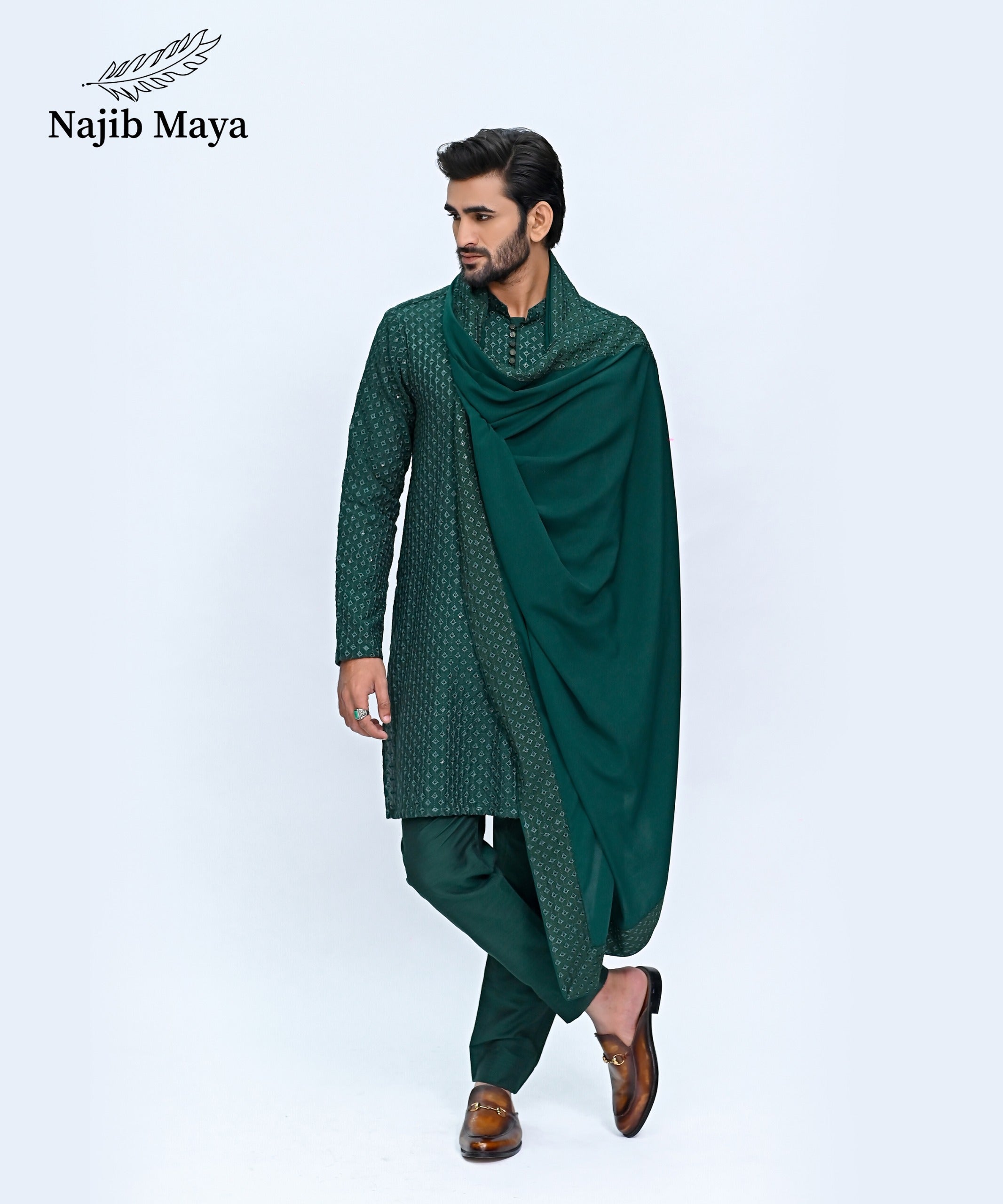 Green Embroidery Kurta Pajama + Shawl For Men's Secondary image