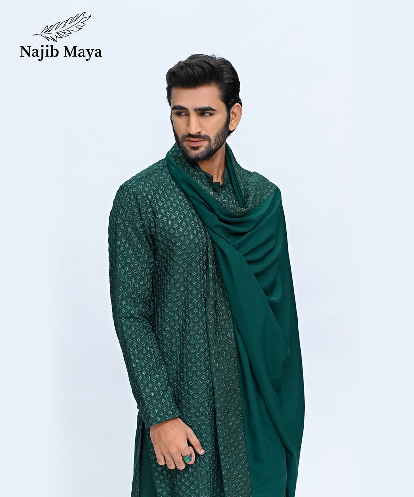 Green Embroidery Kurta Pajama + Shawl For Men's