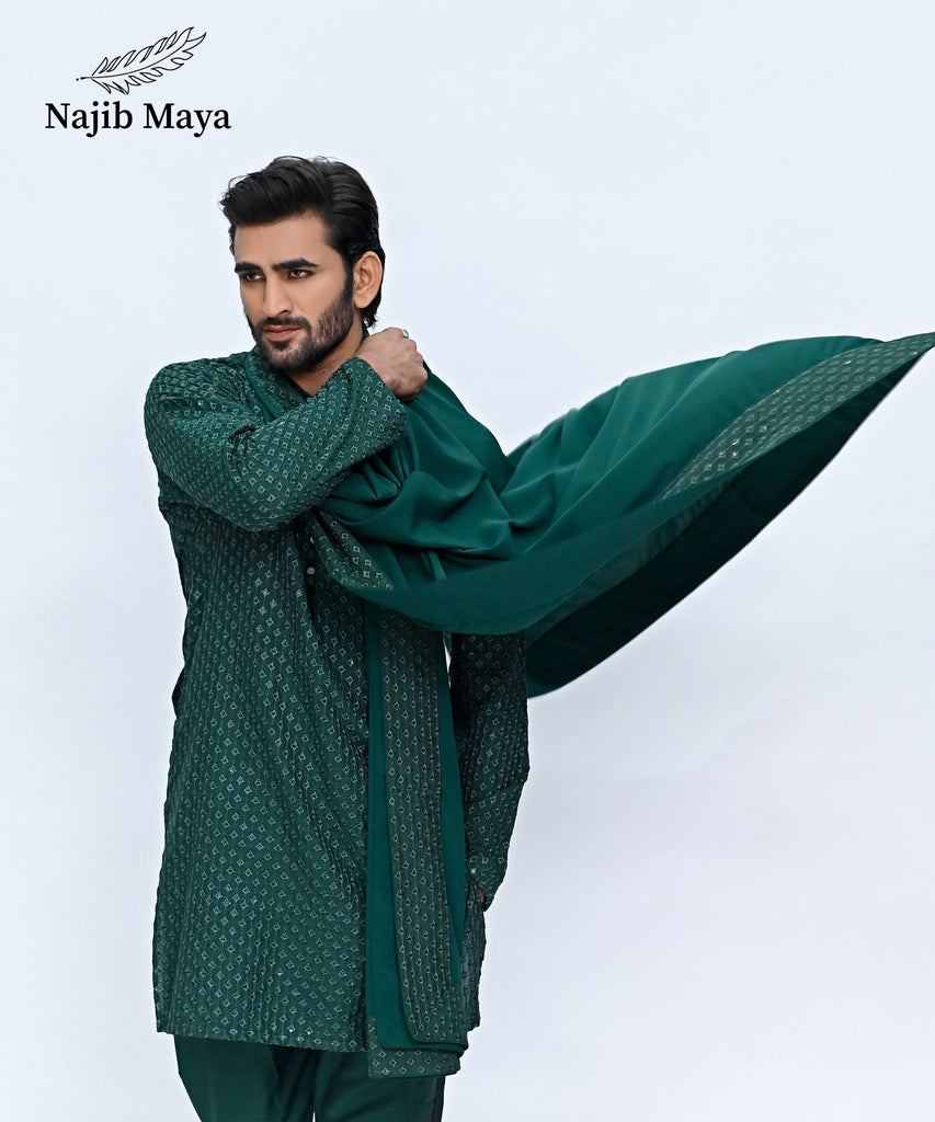 Green Embroidery Kurta Pajama + Shawl For Men's