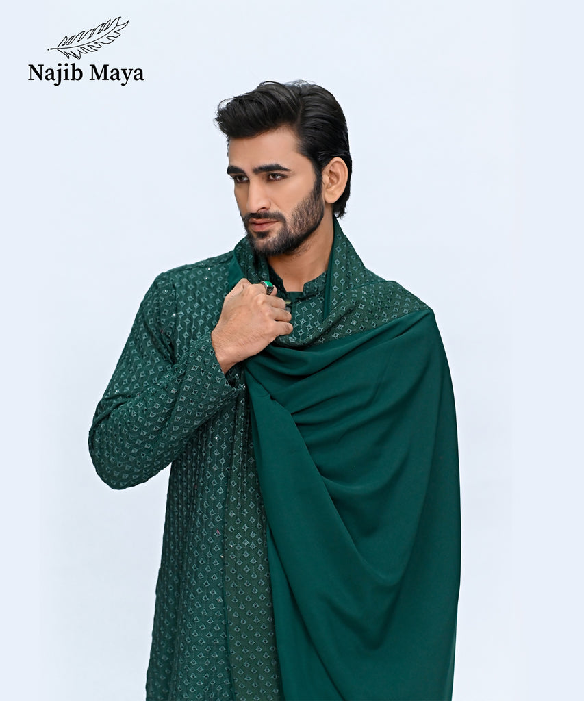 Green Embroidery Kurta Pajama + Shawl For Men's