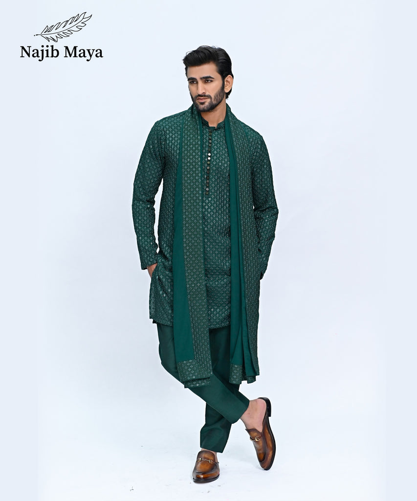 Green Embroidery Kurta Pajama + Shawl For Men's