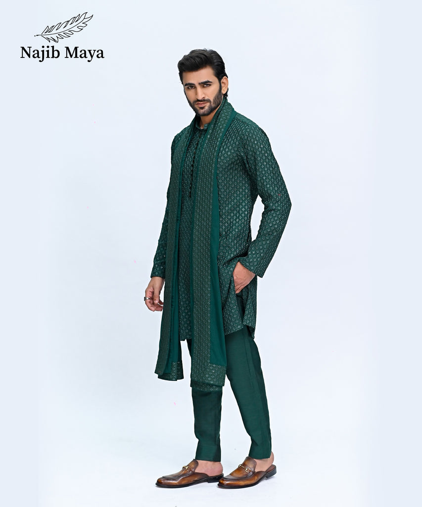 Green Embroidery Kurta Pajama + Shawl For Men's