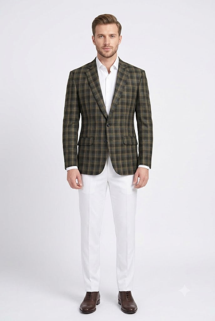Green Cheque Casual Coat For Men's