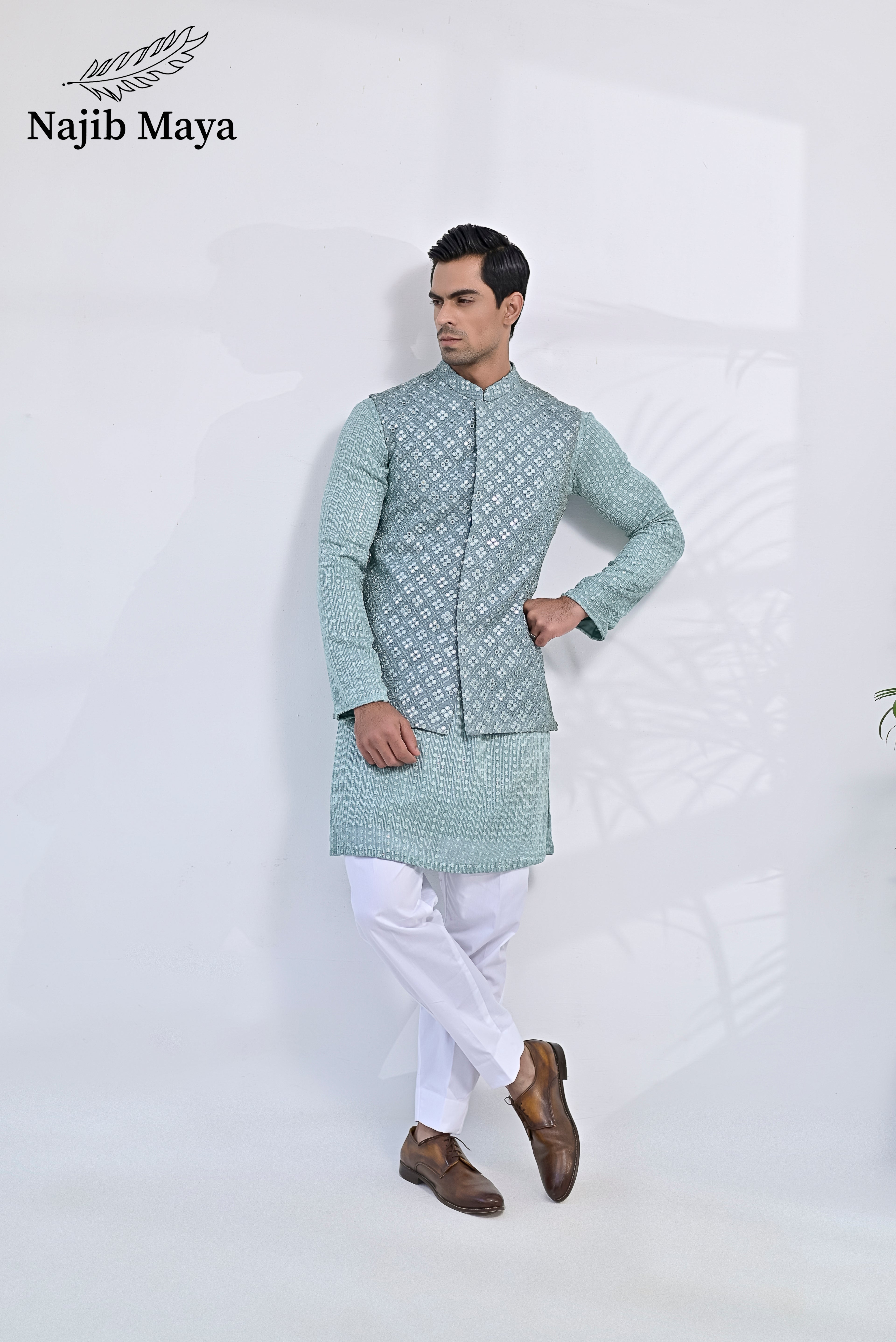 Greyish Green Embroidery Kurta Pajama & Greyish Green Waist Coat For Men's