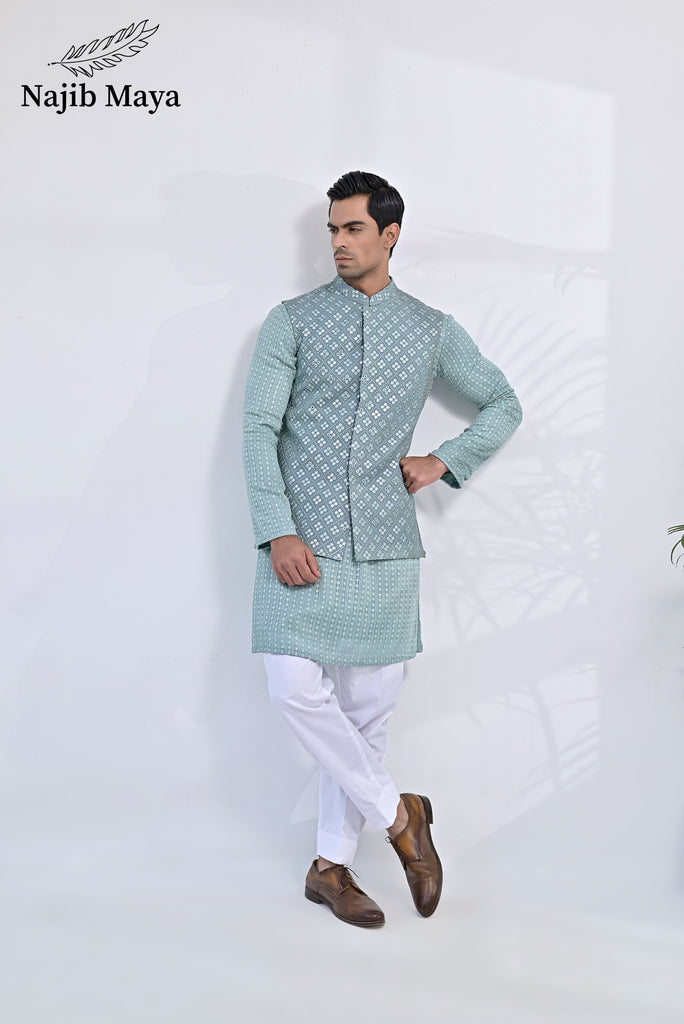Greyish Green Embroidery Kurta Pajama & Greyish Green Waist Coat For Men's