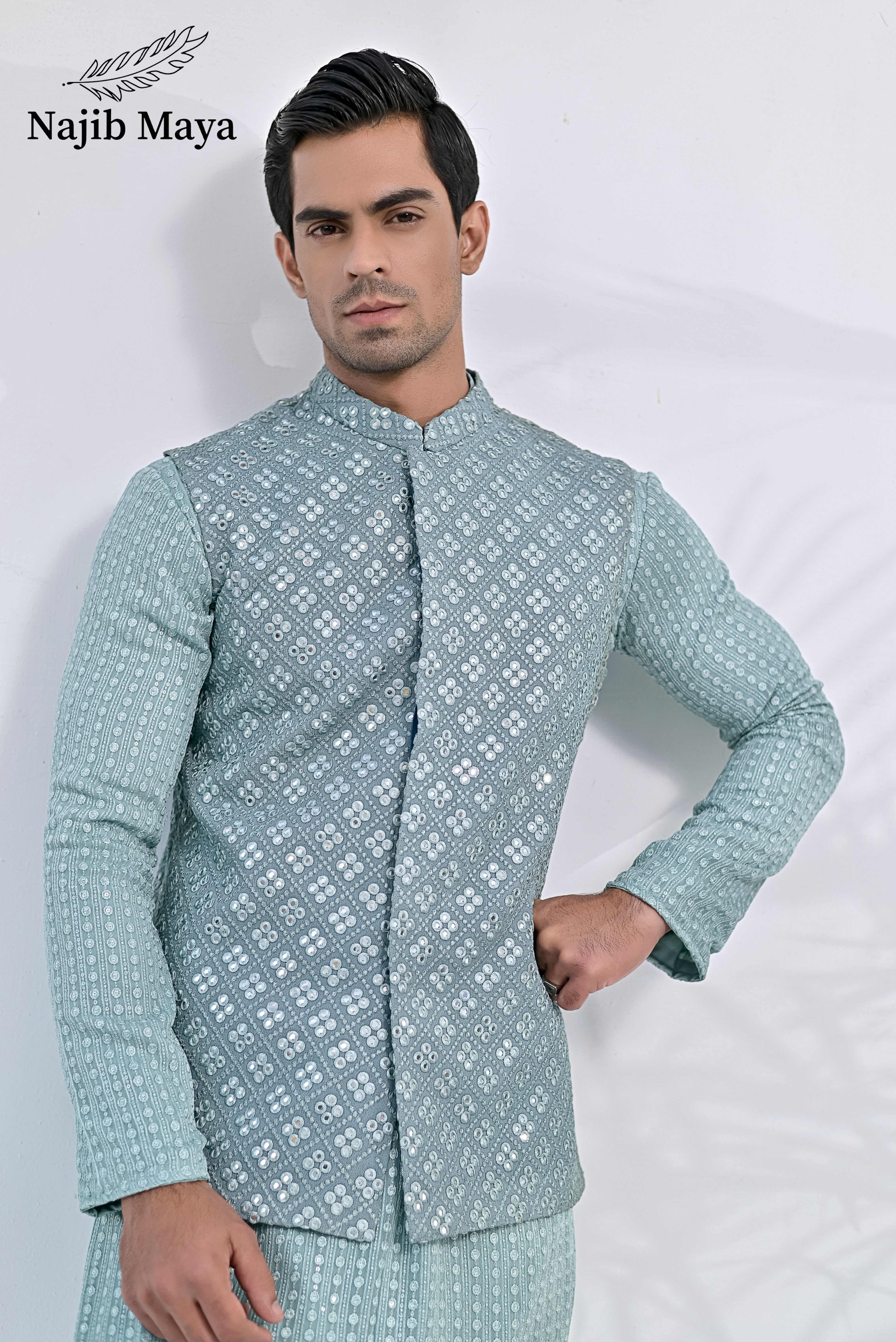 Greyish Green Embroidery Kurta Pajama & Greyish Green Waist Coat For Men's Secondary image