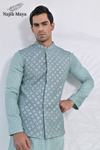 Greyish Green Embroidery Kurta Pajama & Greyish Green Waist Coat For Men's