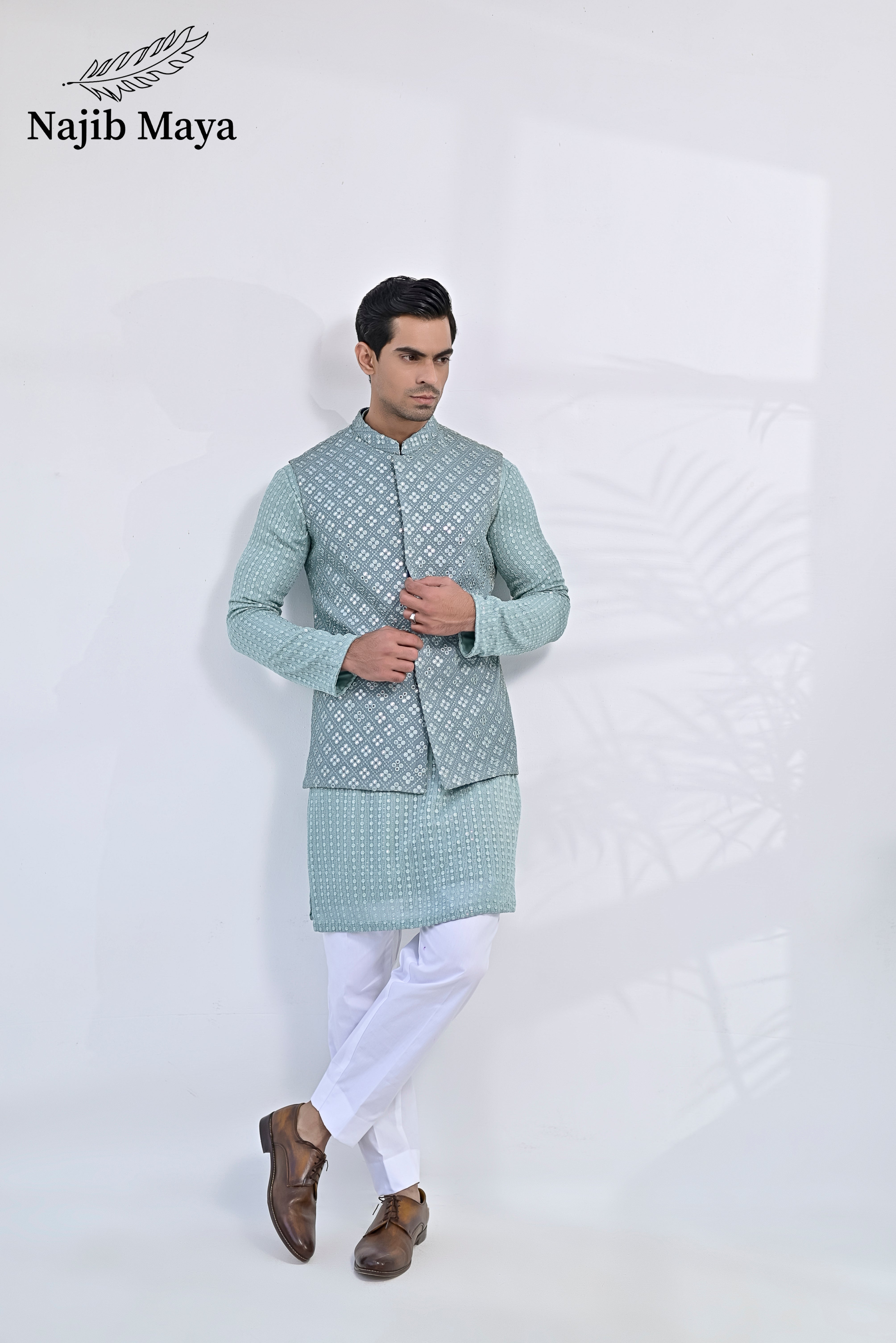 Greyish Green Embroidery Kurta Pajama & Greyish Green Waist Coat For Men's Main image
