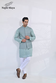 Greyish Green Embroidery Kurta Pajama & Greyish Green Waist Coat For Men's