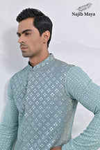 Greyish Green Embroidery Kurta Pajama & Greyish Green Waist Coat For Men's