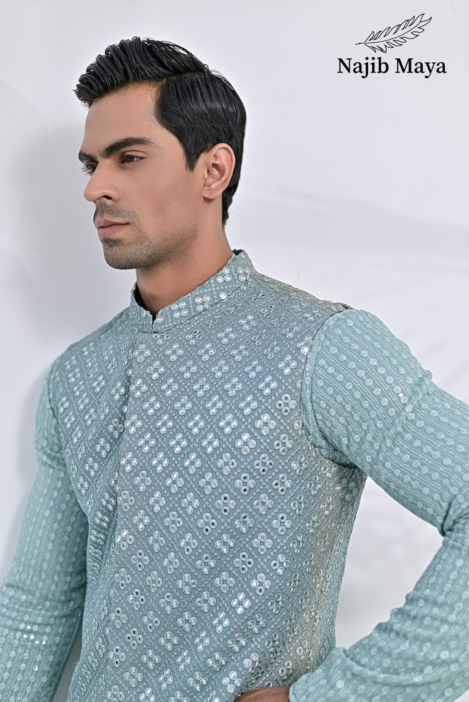 Greyish Green Embroidery Kurta Pajama & Greyish Green Waist Coat For Men's