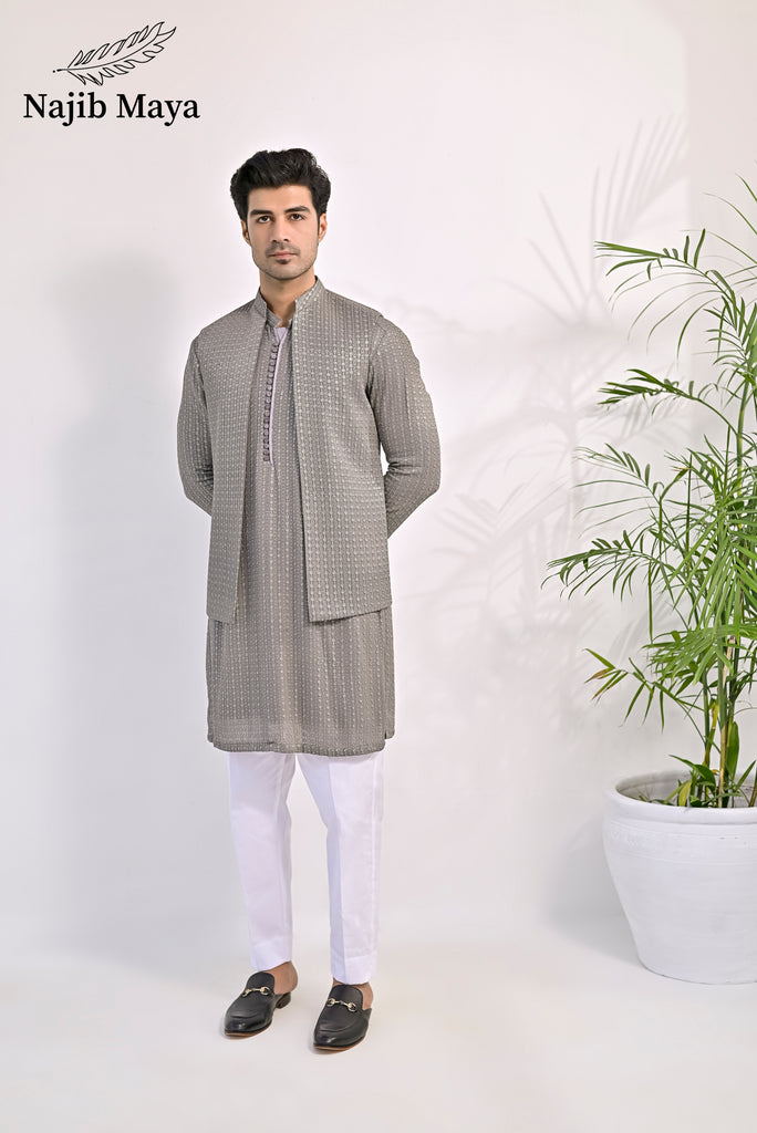 Grey Embroidery Kurta Pajama & Waist Coat For Men's