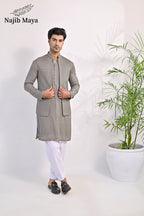 Grey Embroidery Kurta Pajama & Waist Coat For Men's