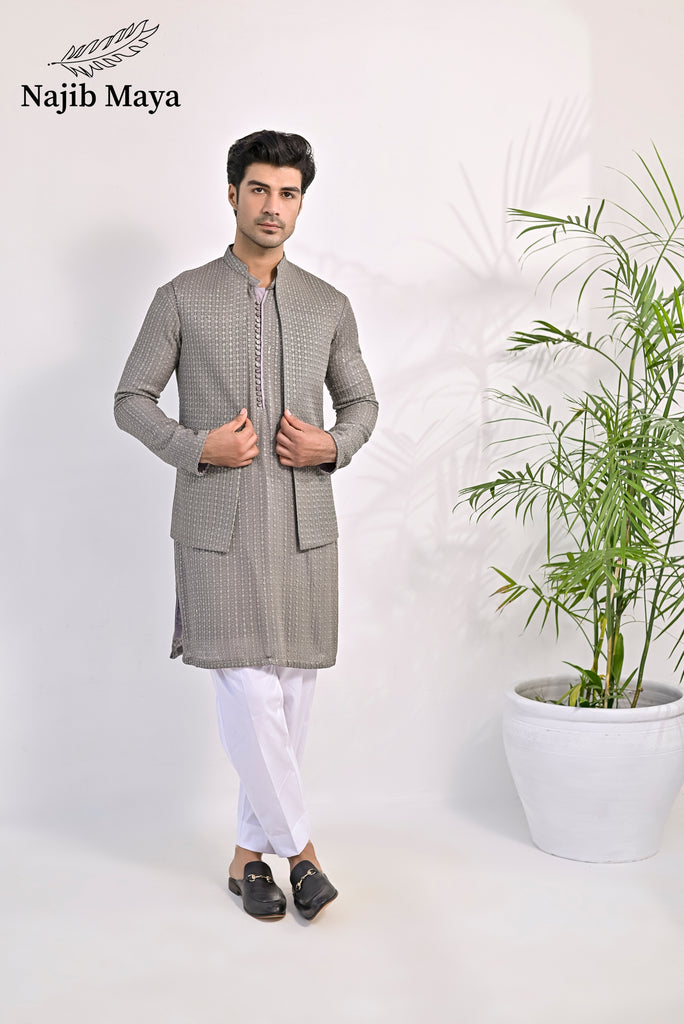 Grey Embroidery Kurta Pajama & Waist Coat For Men's