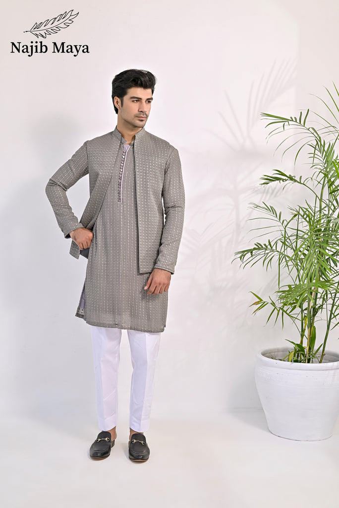 Grey Embroidery Kurta Pajama & Waist Coat For Men's