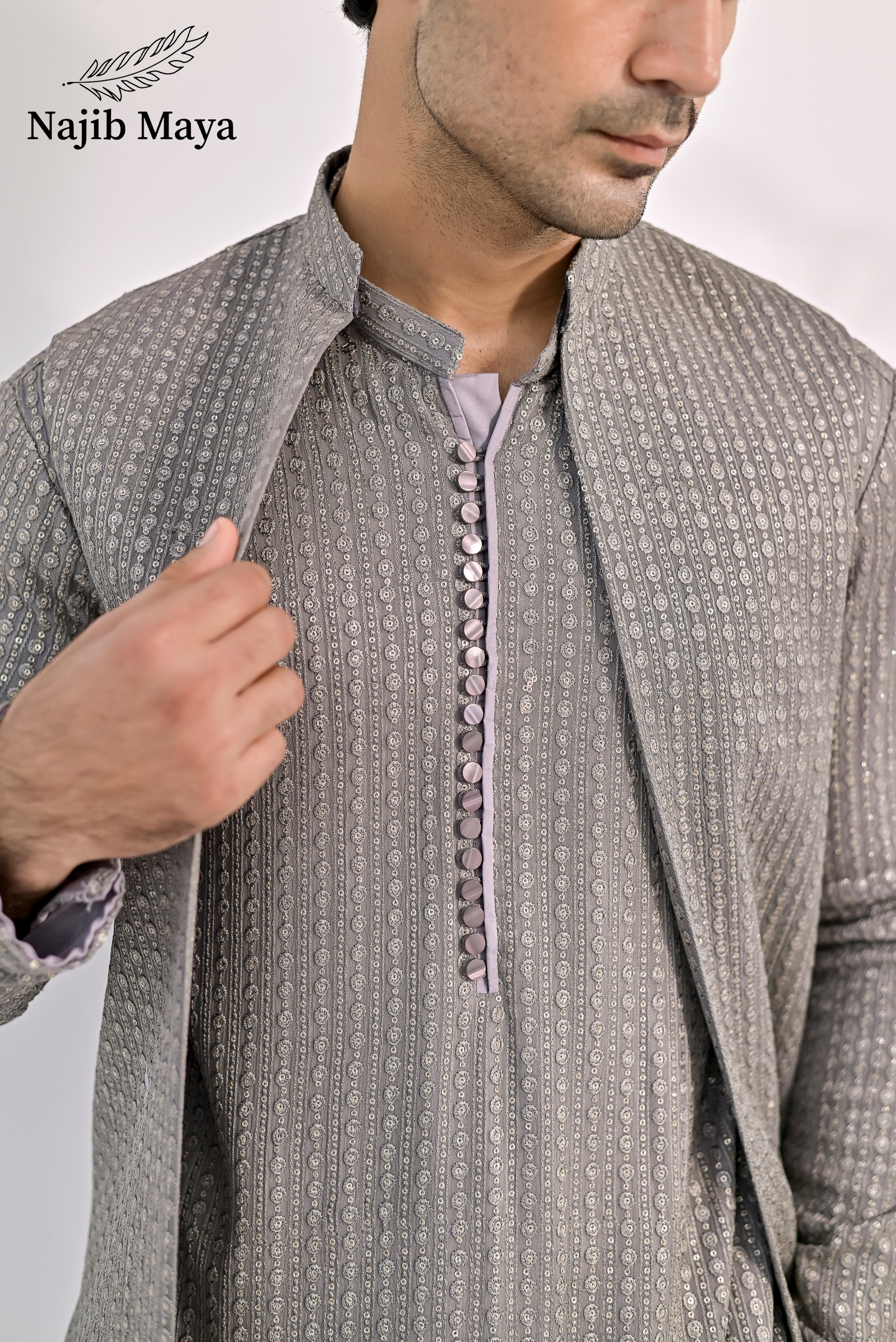 Grey Embroidery Kurta Pajama & Waist Coat For Men's Secondary image