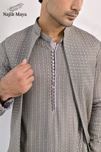 Grey Embroidery Kurta Pajama & Waist Coat For Men's