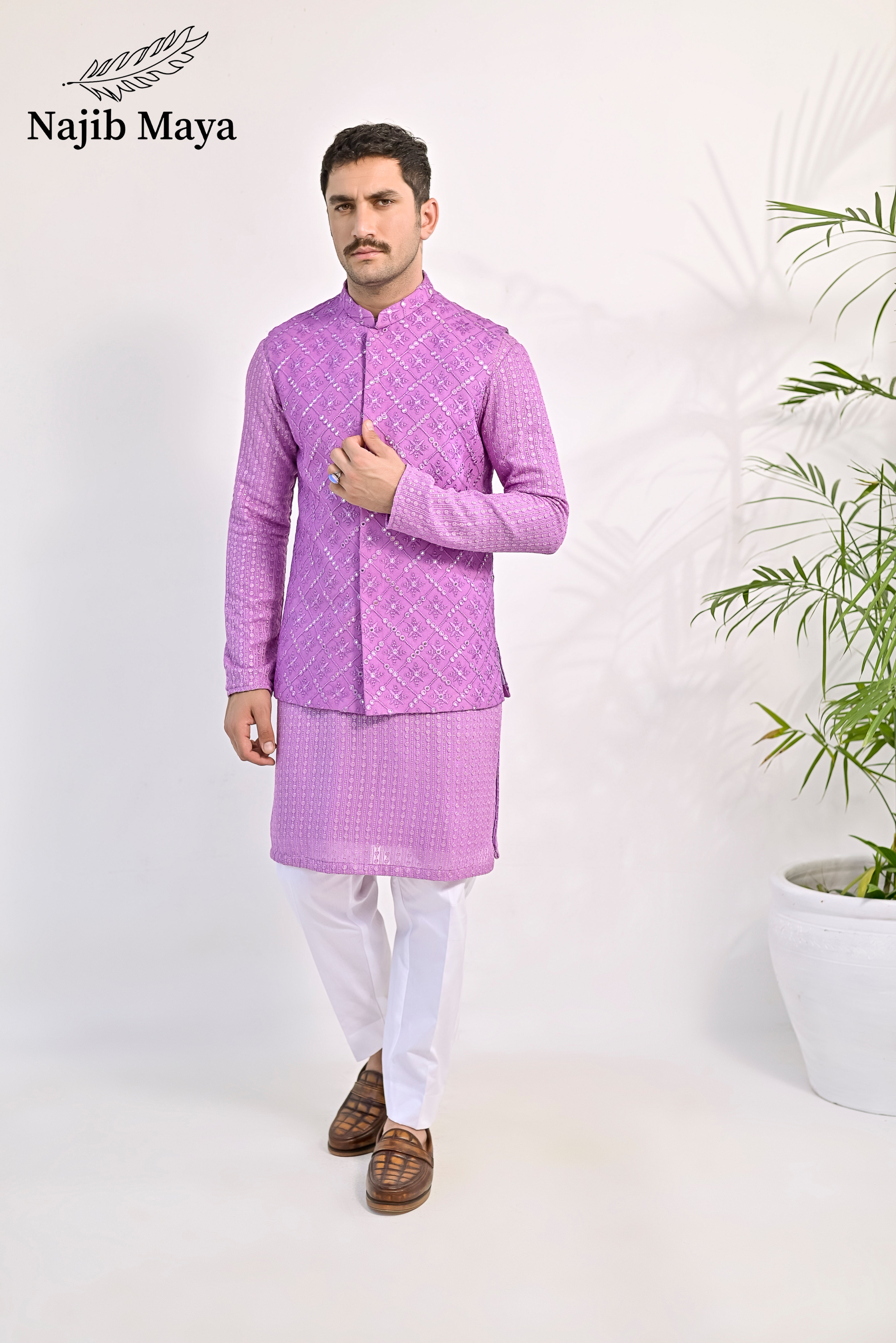 Purple Embroidery Kurta Pajama & Waist Coat For Men's Main image