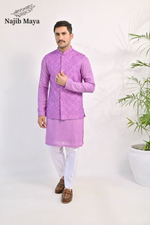Purple Embroidery Kurta Pajama & Waist Coat For Men's