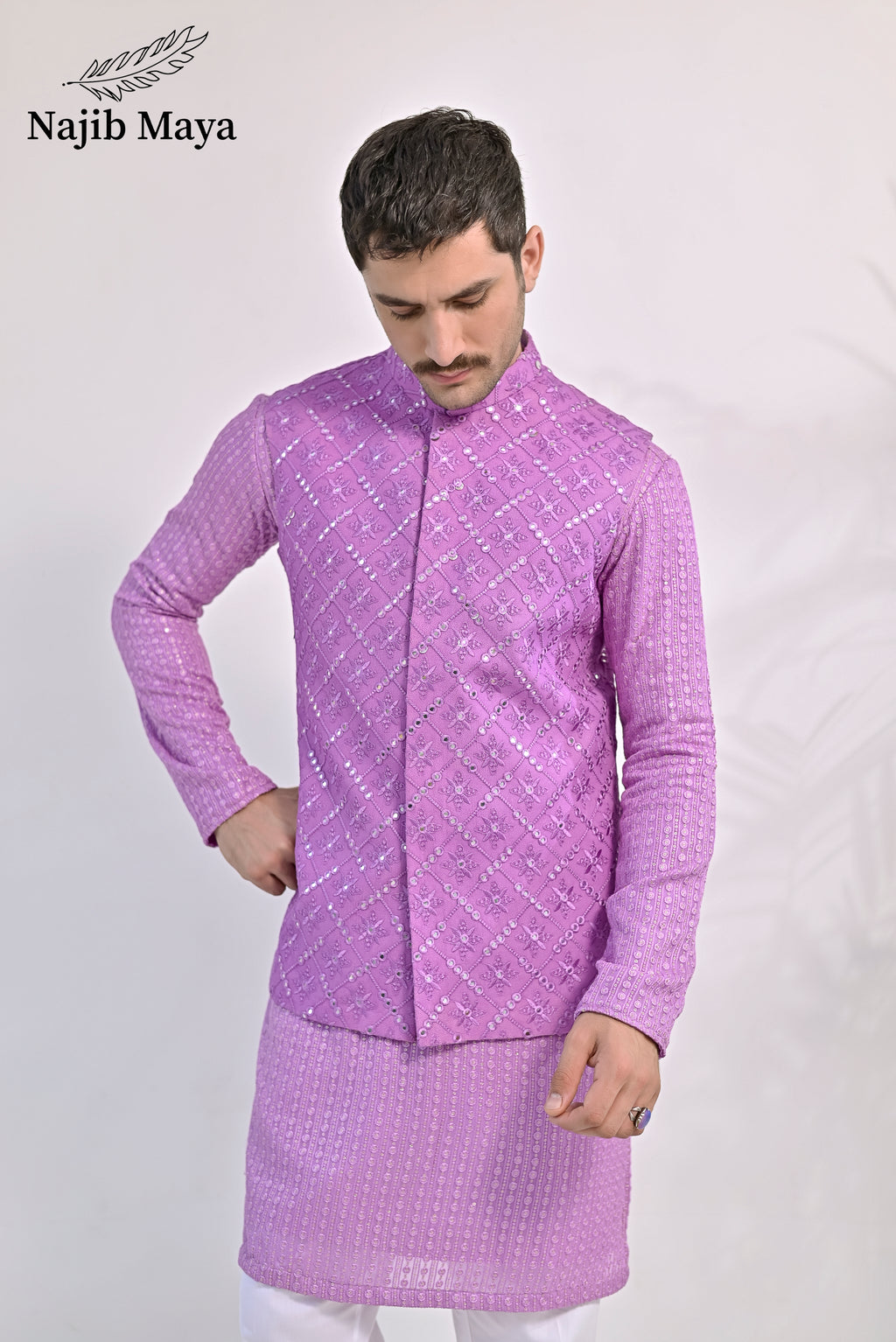Purple Embroidery Kurta Pajama & Waist Coat For Men's