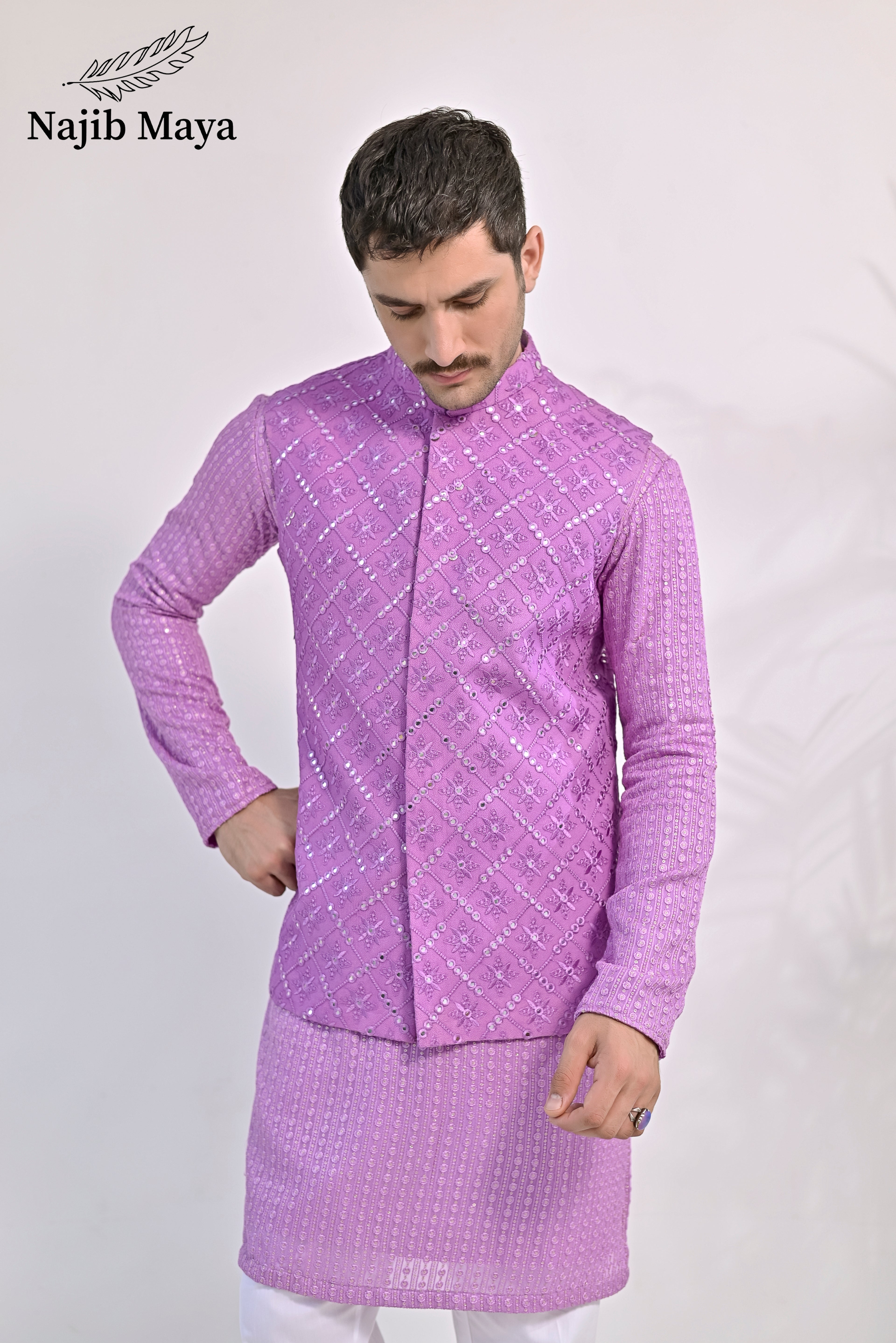 Purple Embroidery Kurta Pajama & Waist Coat For Men's