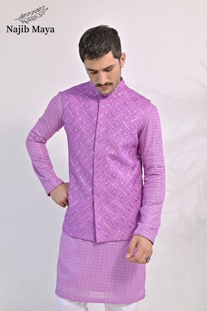 Purple Embroidery Kurta Pajama & Waist Coat For Men's