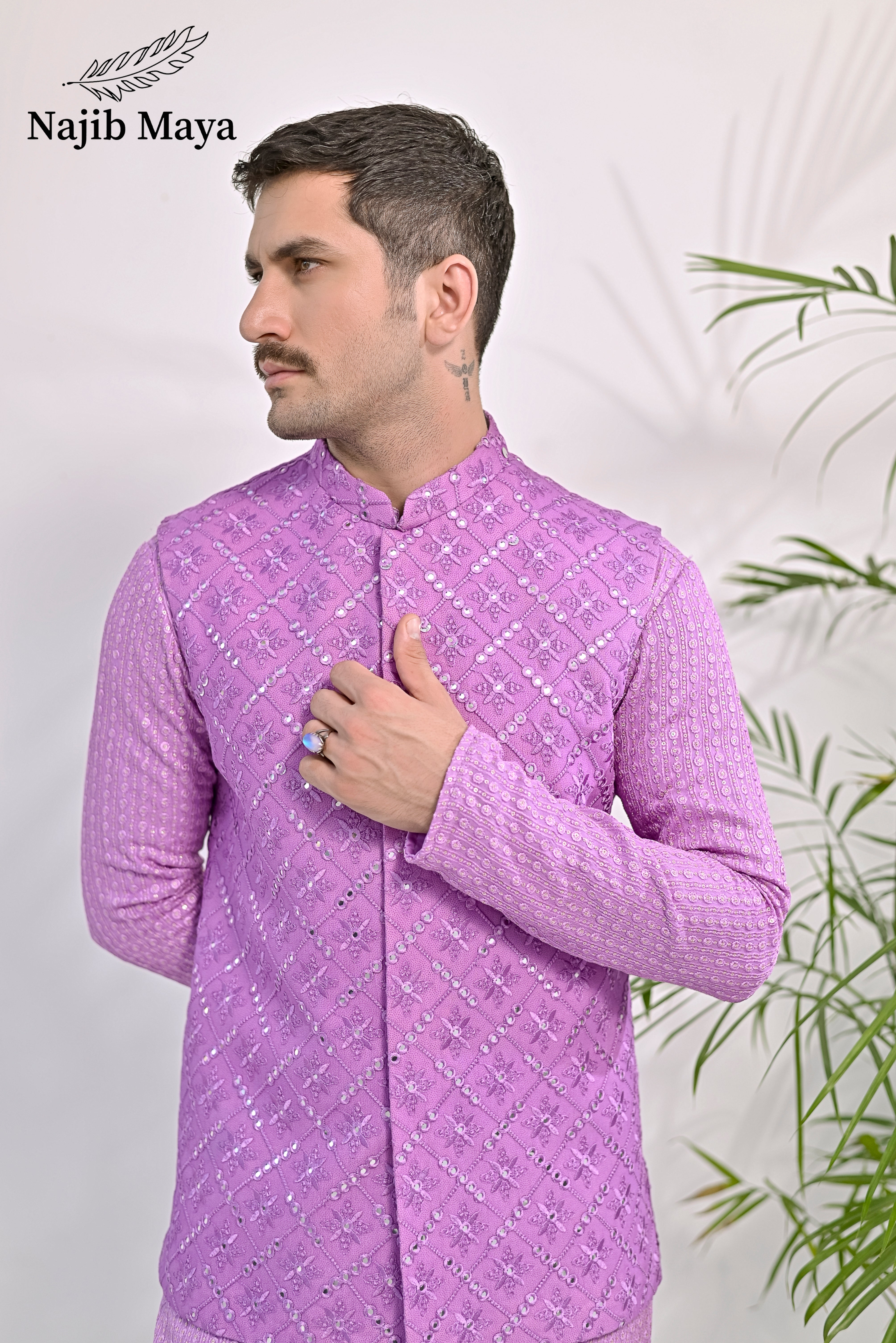 Purple Embroidery Kurta Pajama & Waist Coat For Men's Secondary image