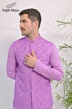 Purple Embroidery Kurta Pajama & Waist Coat For Men's