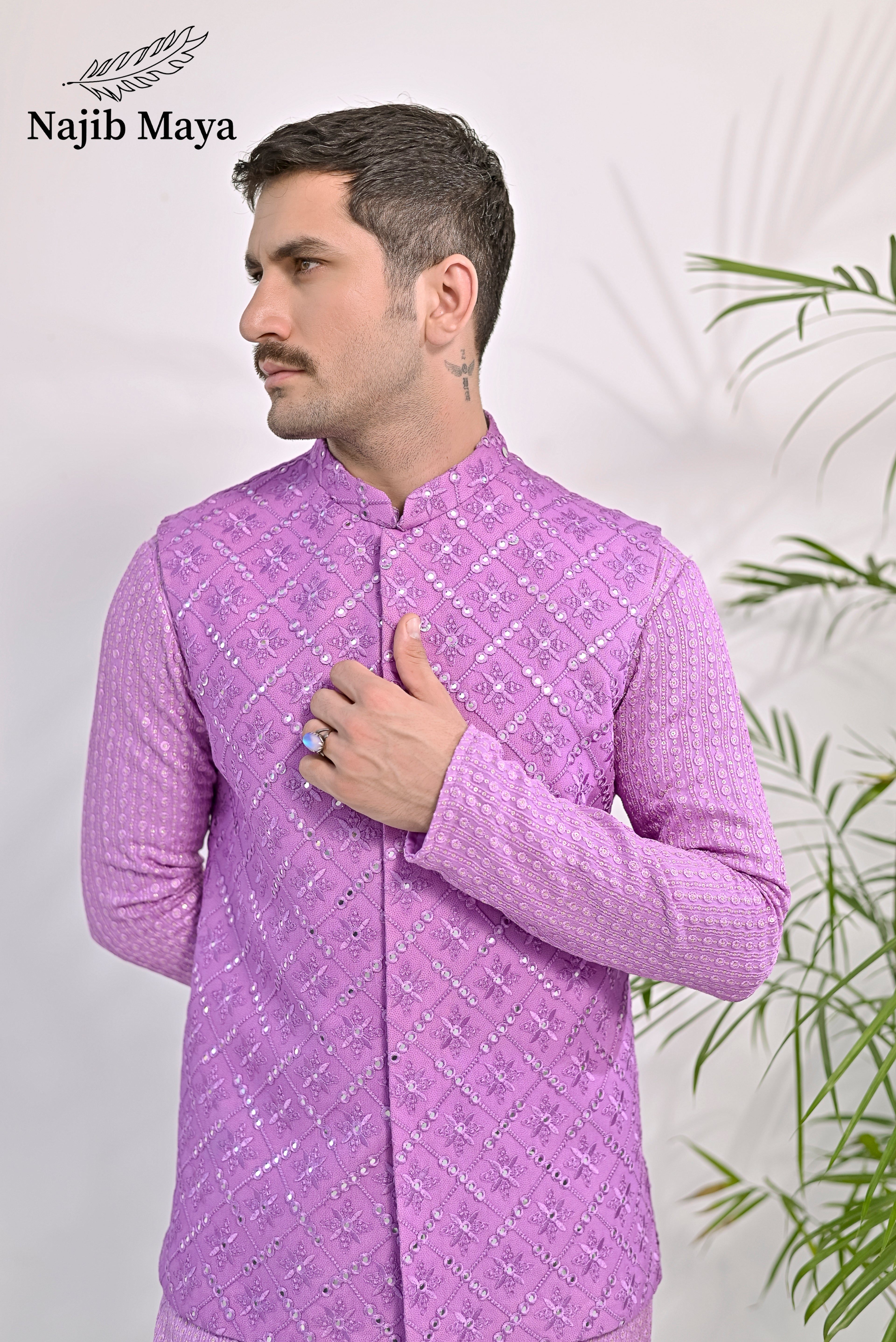 Purple Embroidery Kurta Pajama & Waist Coat For Men's