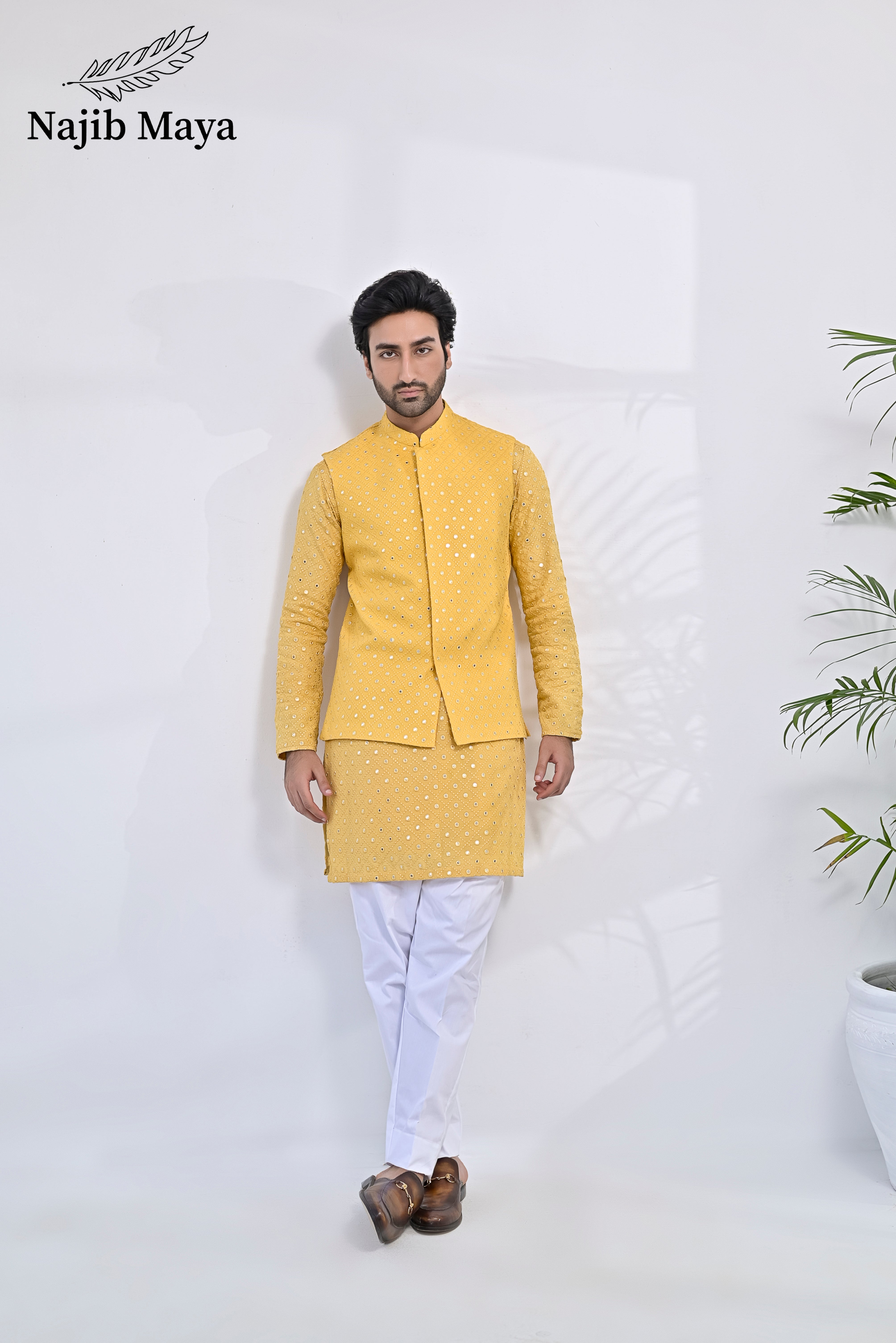 Yellow Embroidery Kurta Pajama & Waist Coat For Men's Main image