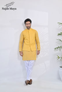 Yellow Embroidery Kurta Pajama & Waist Coat For Men's