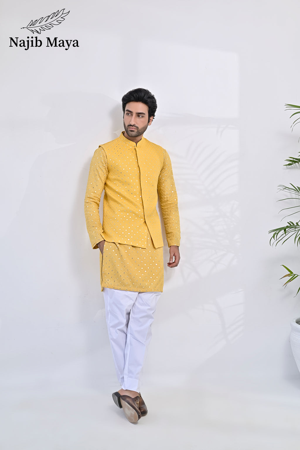 Yellow Embroidery Kurta Pajama & Waist Coat For Men's