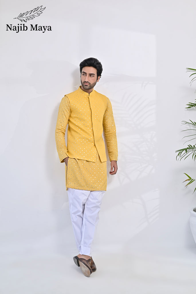 Yellow Embroidery Kurta Pajama & Waist Coat For Men's