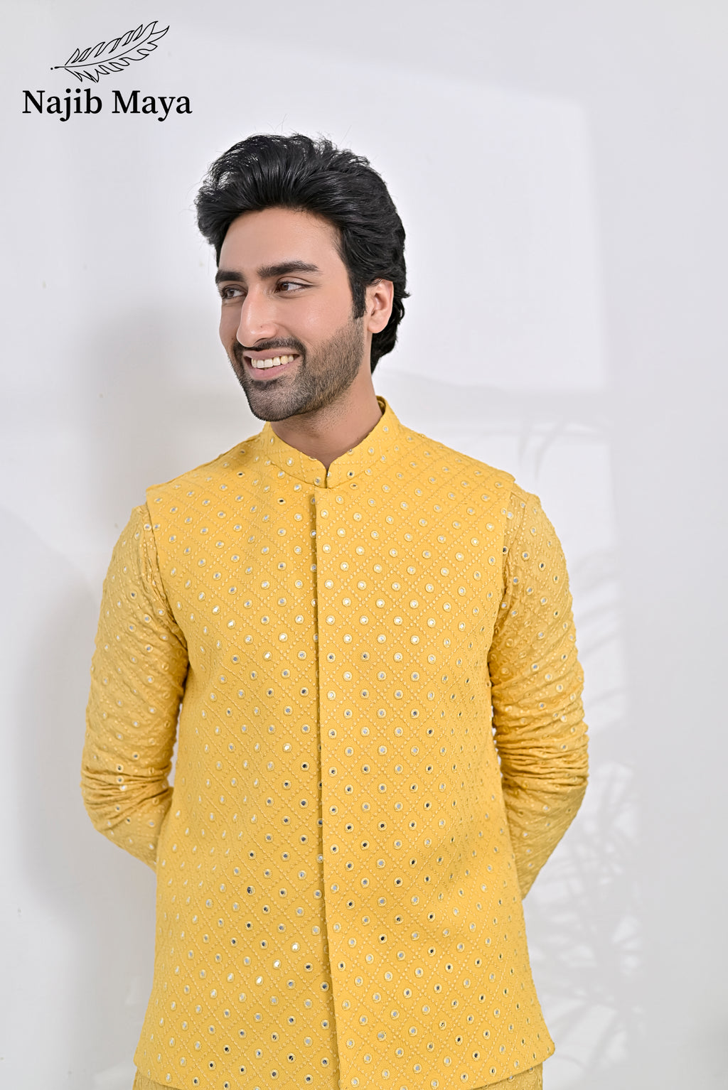 Yellow Embroidery Kurta Pajama & Waist Coat For Men's